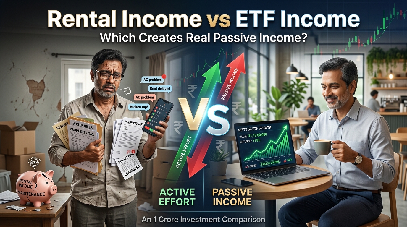 Rental income vs ETF income comparison showing landlord stress versus calmer ETF investing
